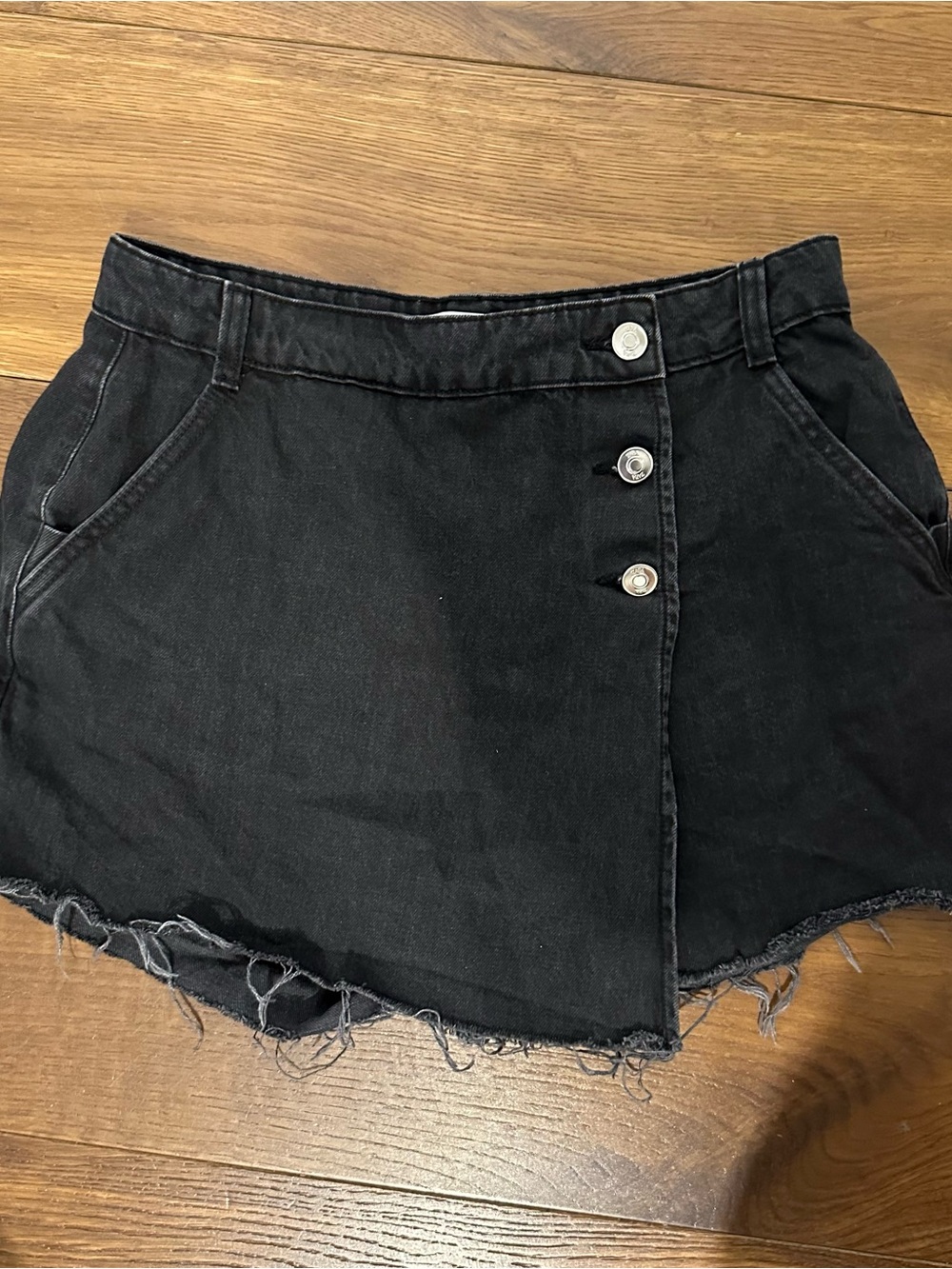 Zara Black Distressed Denim Skort with Button Front